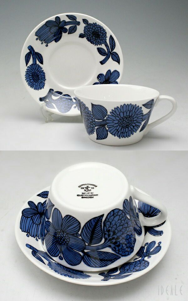 グスタフスベリ（Gustavsberg） ブルーアスター/Blue Aster ティーカップ＆ソーサー + プレート 18cm 復刻版