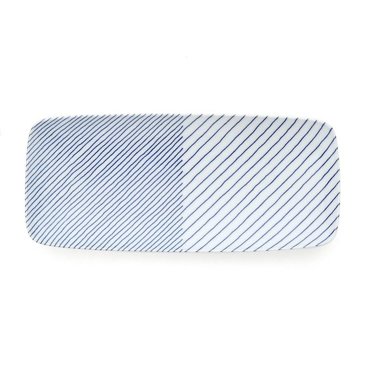 白山陶器 重ね縞 長焼皿 25.5cm ホワイト/ブルー