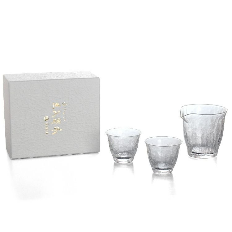 藍花×田島硝子 雪化粧 冷酒セット （片口1個、ぐい呑2個）